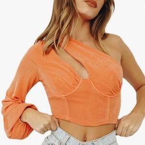 Sexy One Shoulder Cut Out Bishop Long Sleeve Crop Blouse - XS